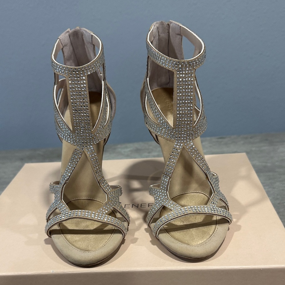 BCBGeneration Rhinestone Strappy Heels in Cream
